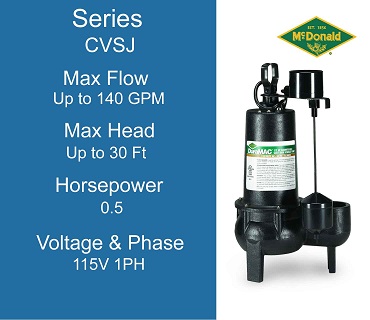  AY McDonald Sewage Pumps, CVSJ Series, 0.5 Horsepower, 115 Volts 1 Phase